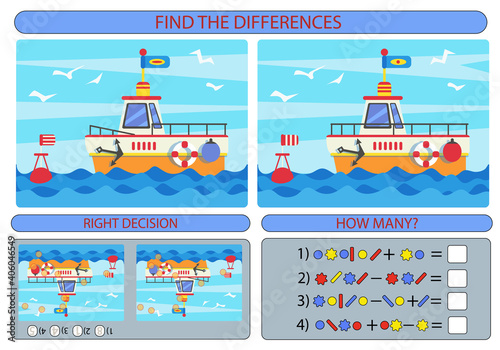 Find the difference the two boat. Children funny riddle entertainment and amusement. Two different ship at sea in flat style. Game kids Mathematical exercise. Vector illustration.