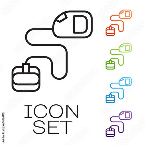 Black line Retractable cord leash with carabiner icon isolated on white background. Pet dog lead. Animal accessory for outdoors walk. Set icons colorful. Vector.