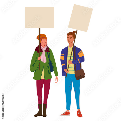 Couple Protesters man and woman holding empty banners. Activists protesting, political meeting, strike human rights. Vector illustration
