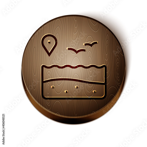 Brown line Location with beach icon isolated on white background. Tropical beach landscape. Good sunny day. Wooden circle button. Vector.