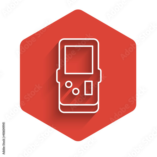 White line Portable tetris electronic game icon isolated with long shadow. Vintage style pocket brick game. Interactive playing device. Red hexagon button. Vector.
