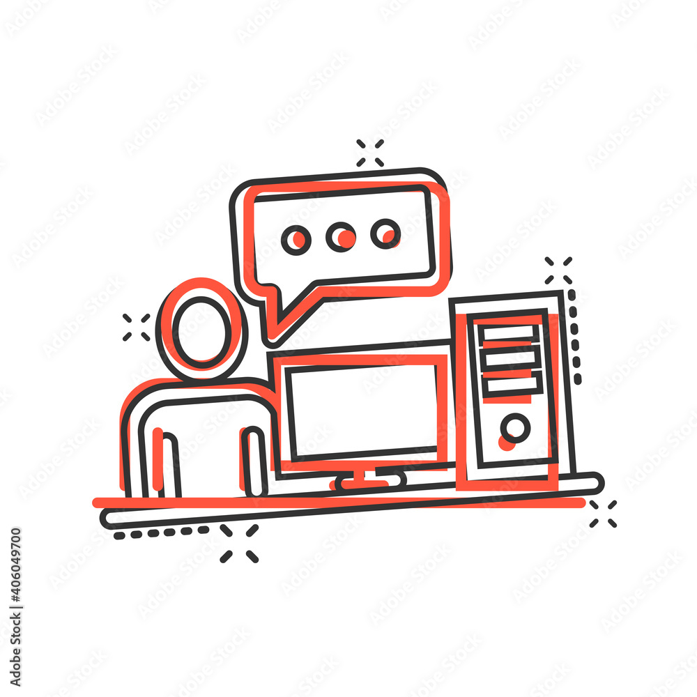 Naklejka premium People with laptop computer icon in comic style. Pc user cartoon vector illustration on white isolated background. Office manager splash effect business concept.
