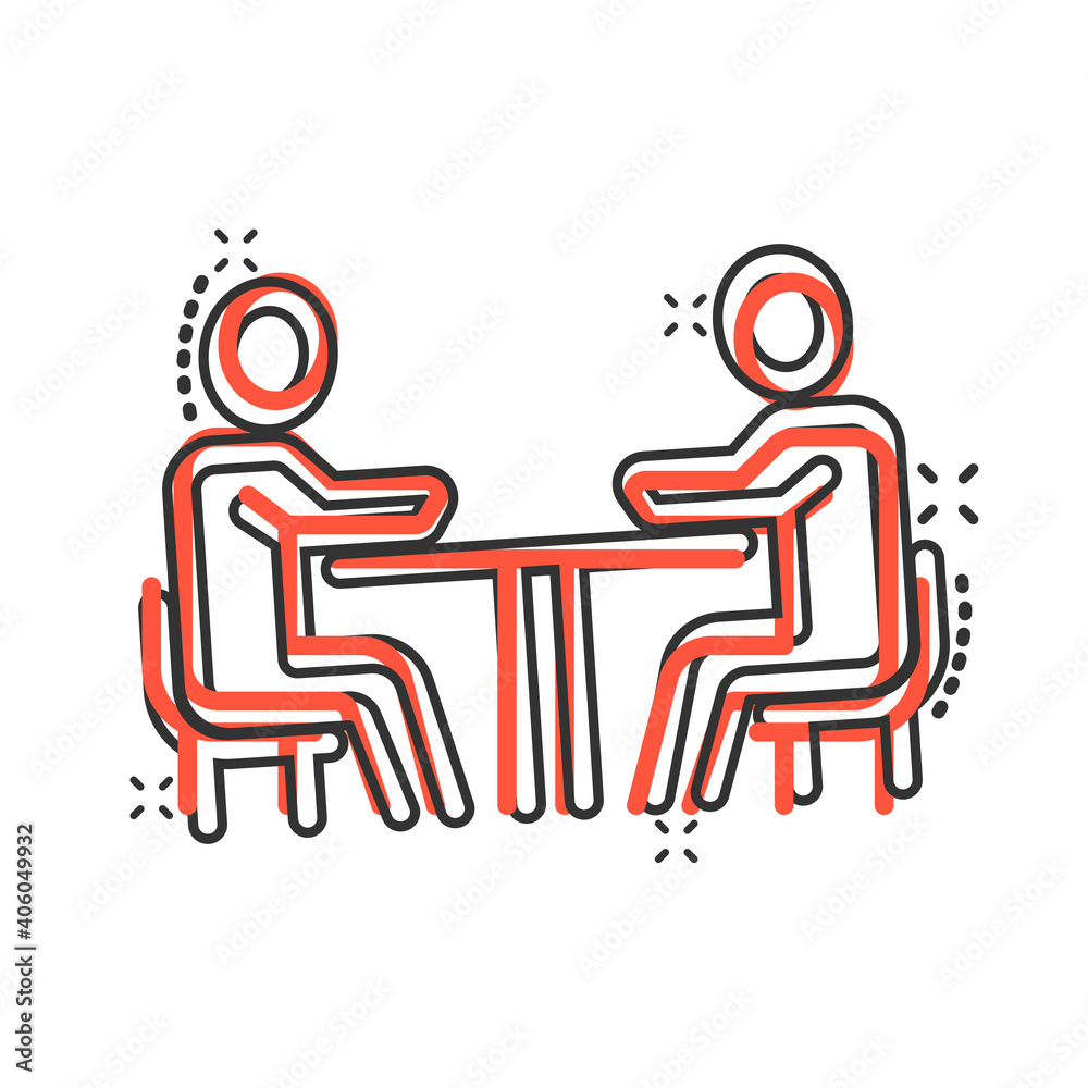 People with table icon in comic style. Teamwork conference cartoon