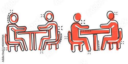 People with table icon in comic style. Teamwork conference cartoon