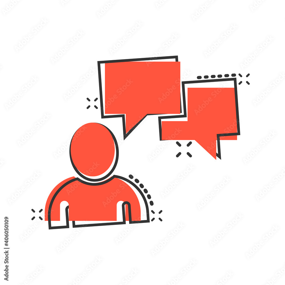 People with speech bubble icon in comic style. Chat cartoon vector illustration on white isolated background. Speaker dialog splash effect business concept. People with speech bubble icon in comic style. Chat cartoon vector illustration on white isolated background. Speaker dialog splash effect business concept.