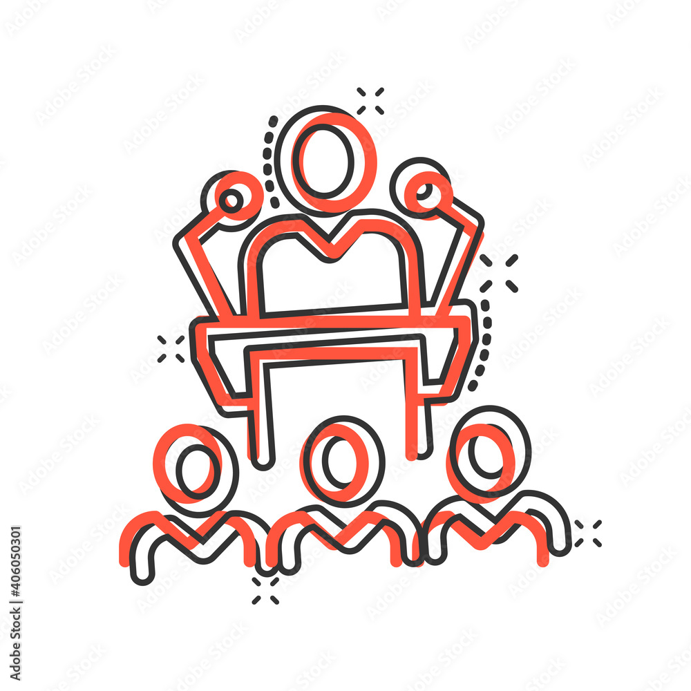 People on podium icon in comic style. Speaker cartoon vector illustration on white isolated background. Audience orator splash effect business concept. People on podium icon in comic style. Speaker cartoon vector illustration on white isolated background. Audience orator splash effect business concept.