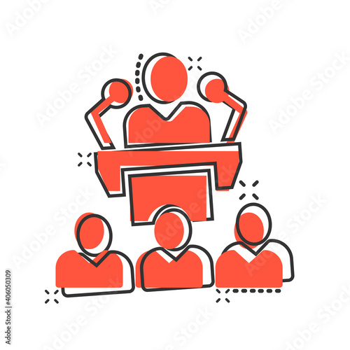 People on podium icon in comic style. Speaker cartoon vector illustration on white isolated background. Audience orator splash effect business concept.