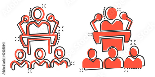 People on podium icon in comic style. Speaker cartoon vector illustration on white isolated background. Audience orator splash effect business concept.
