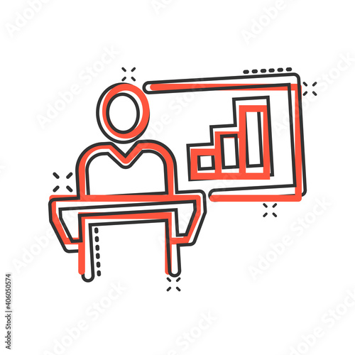 People on podium icon in comic style. Speaker cartoon vector illustration on white isolated background. Audience orator splash effect business concept.