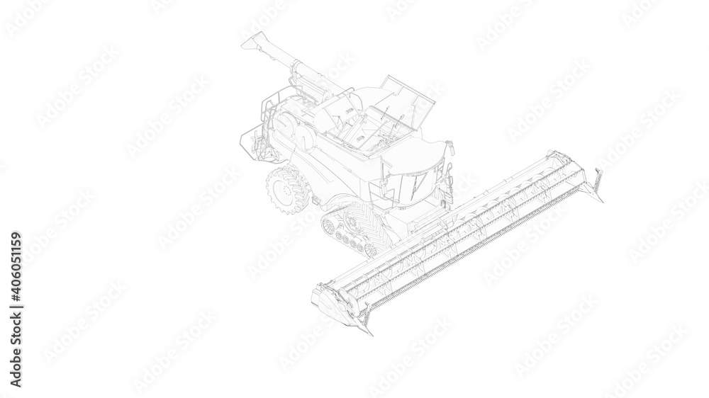 Harvester 3d rendering of a agriculture machinery model computer created clean isolated minimal and complex white background