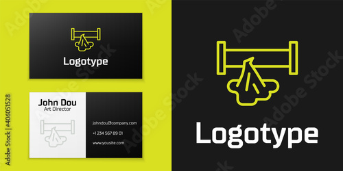 Logotype line Broken metal pipe with leaking water icon isolated on black background. Logo design template element. Vector.