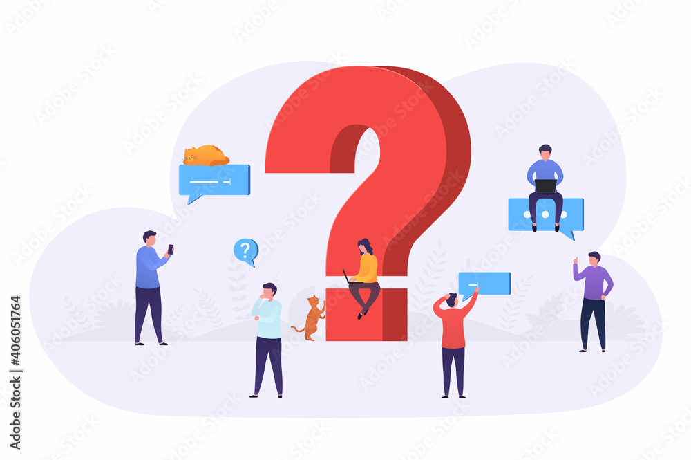 Business people ask questions using laptop, phone, look for answers around large question mark. Concept of frequently asked questions, information retrieval. Business people ask questions using laptop, phone, look for answers around large question mark. Concept of frequently asked questions, information retrieval.
