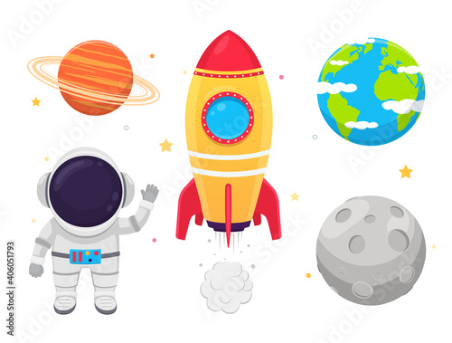 Space set astronaut in suit, rockets and planets on white background.