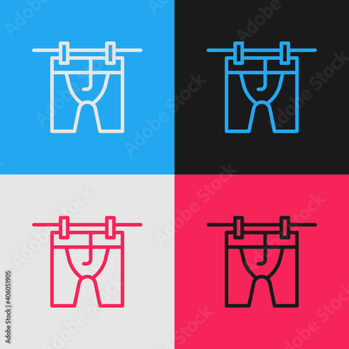 Pop art line Drying clothes icon isolated on color background. Clean shirt. Wash clothes on a rope with clothespins. Clothing care and tidiness. Vector.