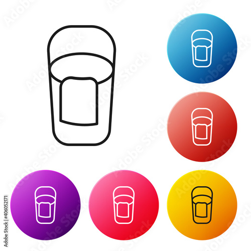 Black line Bucket with rag icon isolated on white background. Cleaning service concept. Set icons colorful circle buttons. Vector.