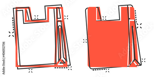 Shopping bag icon in comic style. Handbag cartoon sign vector illustration on white isolated background. Package splash effect business concept.