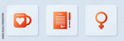 Set Marriage contract, Coffee cup and heart and Female gender symbol. White square button. Vector.