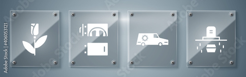 Set Grave with coffin, Hearse car, Crematorium and Flower rose. Square glass panels. Vector.