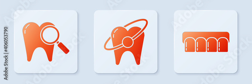 Set Tooth whitening concept, Dental search and Dentures model. White square button. Vector.
