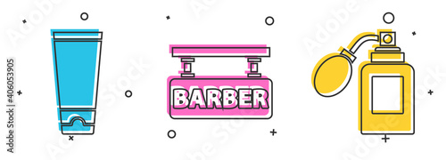 Set Cream or lotion cosmetic tube, Barbershop and Aftershave bottle with atomizer icon. Vector.