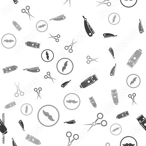Set Straight razor, Scissors hairdresser, Electrical hair clipper or shaver and Mustache on seamless pattern. Vector.