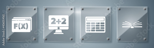 Set Open book, Calculator, Equation solution and Function mathematical symbol. Square glass panels. Vector.