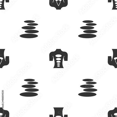 Set Massage with aroma oils, stone therapy and Stack hot stones on seamless pattern. Vector.
