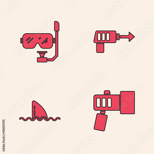 Set Flashlight, Diving mask and snorkel, Fishing harpoon and Shark fin ocean wave icon. Vector.