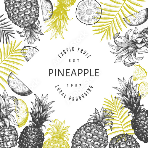 Hand drawn sketch style pineapple banner. Organic fresh fruit vector illustration. Engraved style botanical design template.