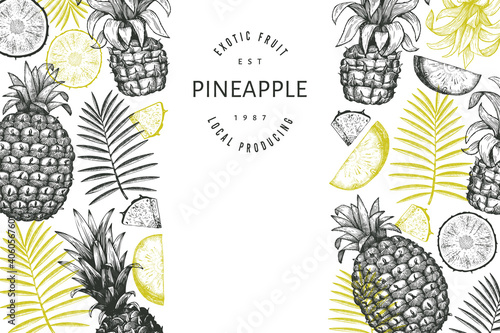 Hand drawn sketch style pineapple banner. Organic fresh fruit vector illustration. Engraved style botanical design template.