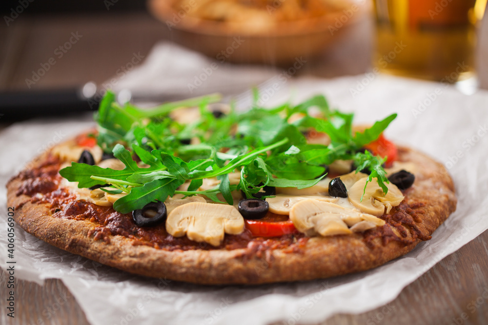 Pizza with Cheese, Tomatoes, Champignon, Olives and Arugola. Pizza with Cheese, Tomatoes, Champignon, Olives and Arugola.