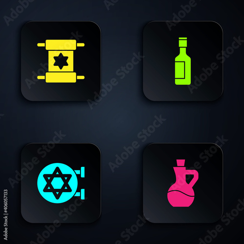 Set Bottle of olive oil, Torah scroll, Jewish synagogue and wine bottle. Black square button. Vector.