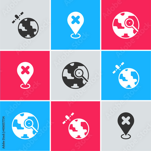 Set Satellites orbiting the planet, Location with cross mark and Magnifying glass globe icon. Vector.