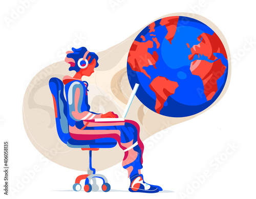 Giovane ragazzo isolato nel suo mondo col portatile e cuffie