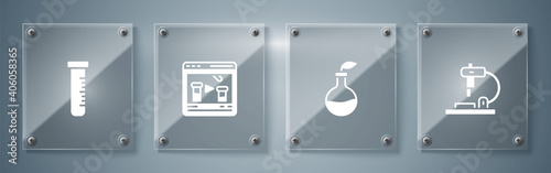 Set Microscope, Plant breeding, Chemical online and Test tube and flask. Square glass panels. Vector.