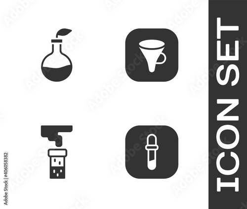Set Pipette, Plant breeding, Test tube and flask and Funnel or filter icon. Vector.