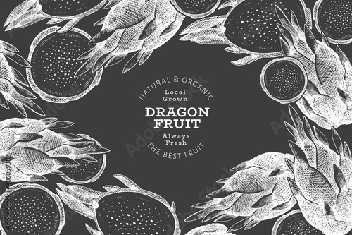 Hand drawn dragon fruit design template. Organic fresh food vector illustration on chalk board. Retro pitaya fruit banner.