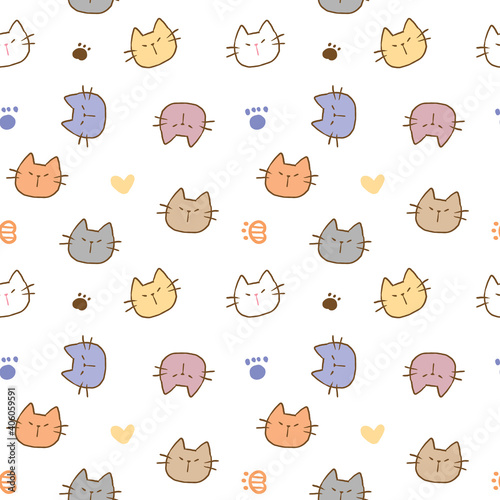 Seamless Pattern with Cartoon Cat Face Design on White Background