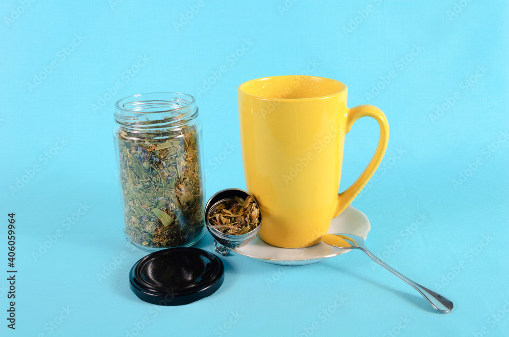 Cup of tea on a saucer with ingredients Cup of tea on a saucer with ingredients