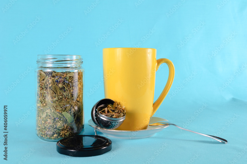 Cup of tea on a saucer with ingredients