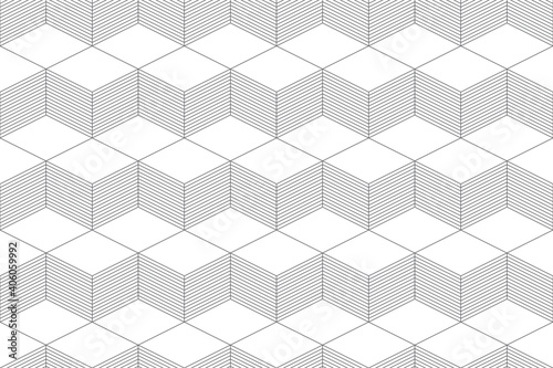 Seamless, abstract background pattern made with repeated lines forming cubes. Modern, dynamic, architectural and three dimensional vector art.