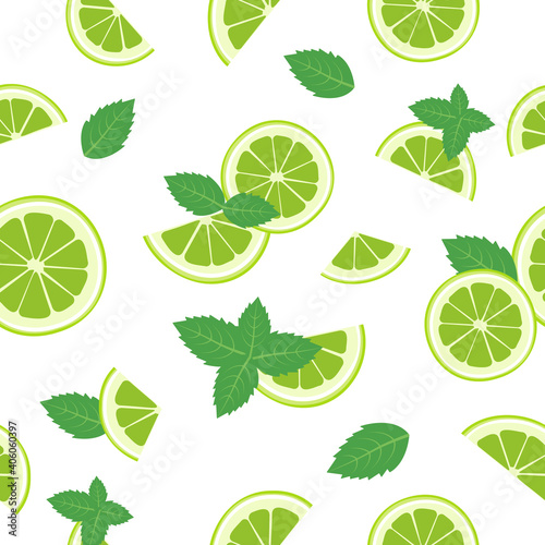Seamless pattern of lime slices and mint leaves