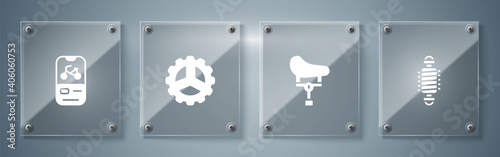 Set Bicycle suspension, seat, sprocket crank and rental mobile app. Square glass panels. Vector.