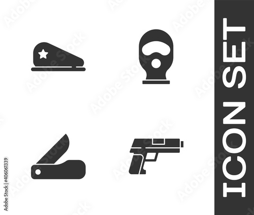 Set Pistol or gun, Military beret, Swiss army knife and Balaclava icon. Vector.