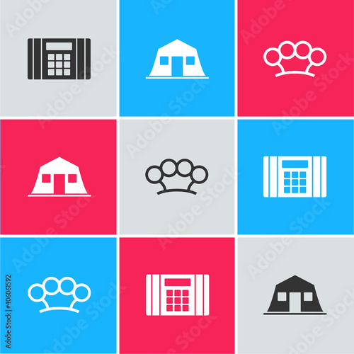 Set Dynamite bomb, Military barracks and Brass knuckles icon. Vector.