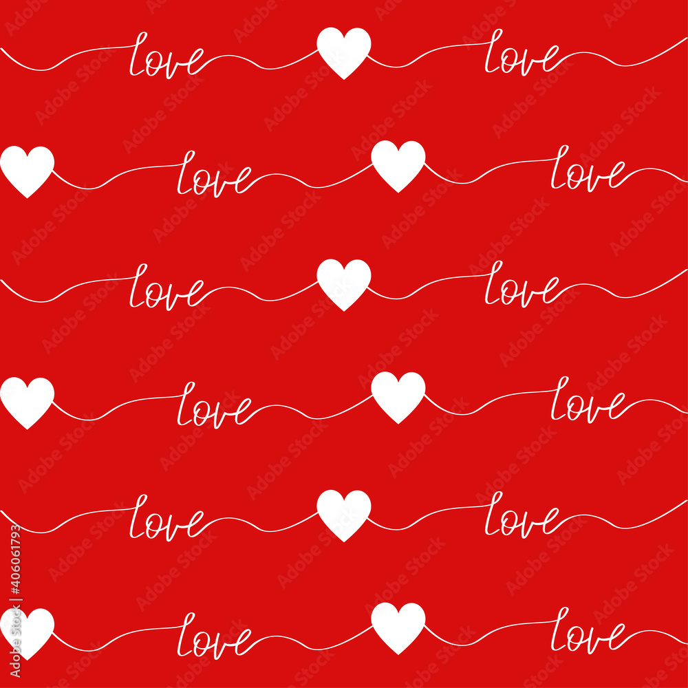 Vector seamless geometric pattern with heart and handwriting. Line love lettering. Valentine's day red background and wallpaper.