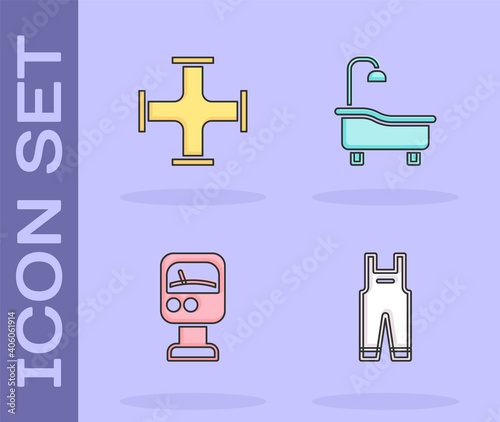 Set Work overalls, Industry metallic pipe, Pressure water meter and Bathtub icon. Vector.