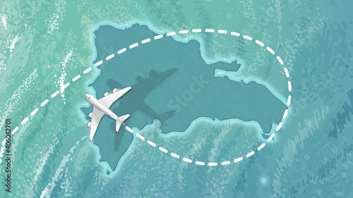 airplane flying on dominican republic Map Travel visit discover dominican republic 8K illustration.