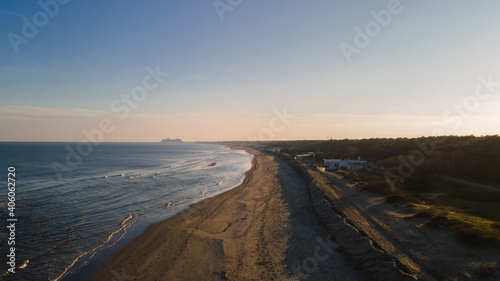 Photographing with an aerial shot the panorama of the sea of Emilia Romagna in Italy. The sea in winter filmed by drone.