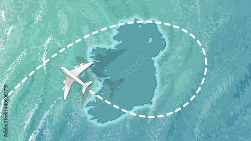  airplane flying on Ireland Map Travel visit discover Ireland 8K illustration